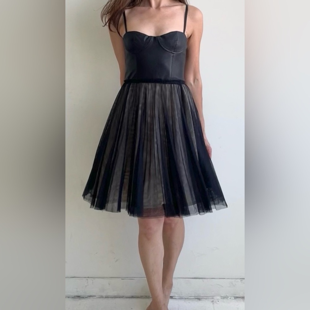 Alice + Olivia Mini Dress Black Sheer Tulle & Leather with Silk Lining Size S